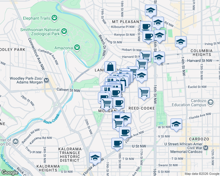 map of restaurants, bars, coffee shops, grocery stores, and more near 1794 Lanier Place Northwest in Washington