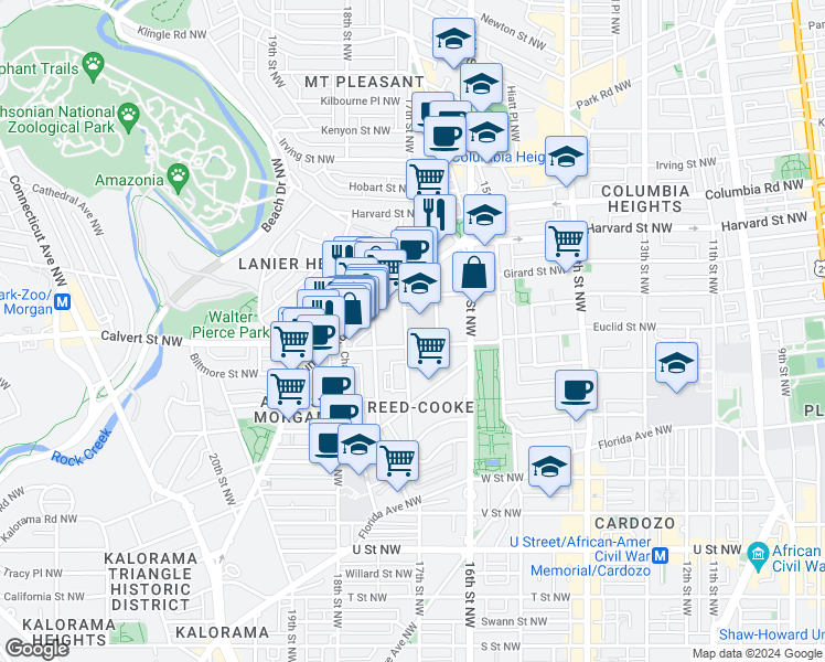 map of restaurants, bars, coffee shops, grocery stores, and more near 2515 17th Street Northwest in Washington
