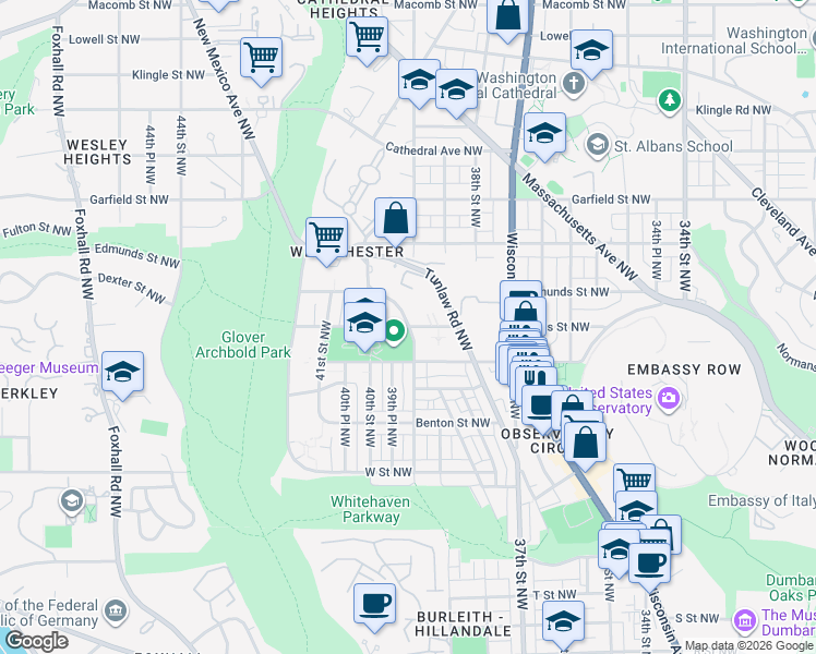 map of restaurants, bars, coffee shops, grocery stores, and more near 2600 39th Street Northwest in Washington