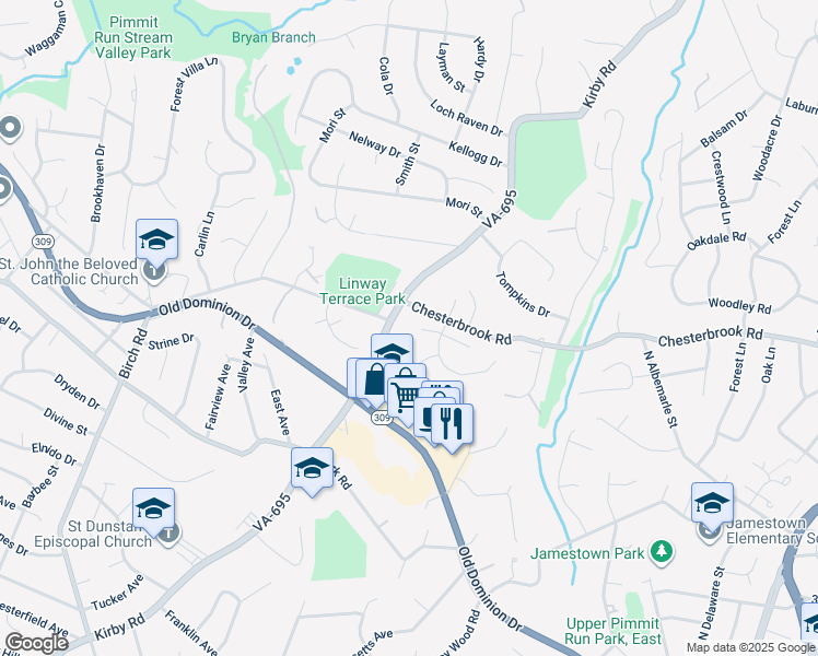 map of restaurants, bars, coffee shops, grocery stores, and more near 1645 Kirby Road in McLean