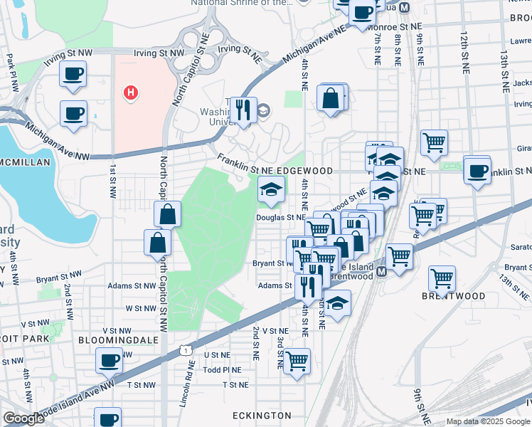 map of restaurants, bars, coffee shops, grocery stores, and more near 301 Douglas Street Northeast in Washington