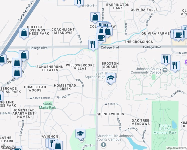 map of restaurants, bars, coffee shops, grocery stores, and more near 11272 Pflumm Road in Lenexa