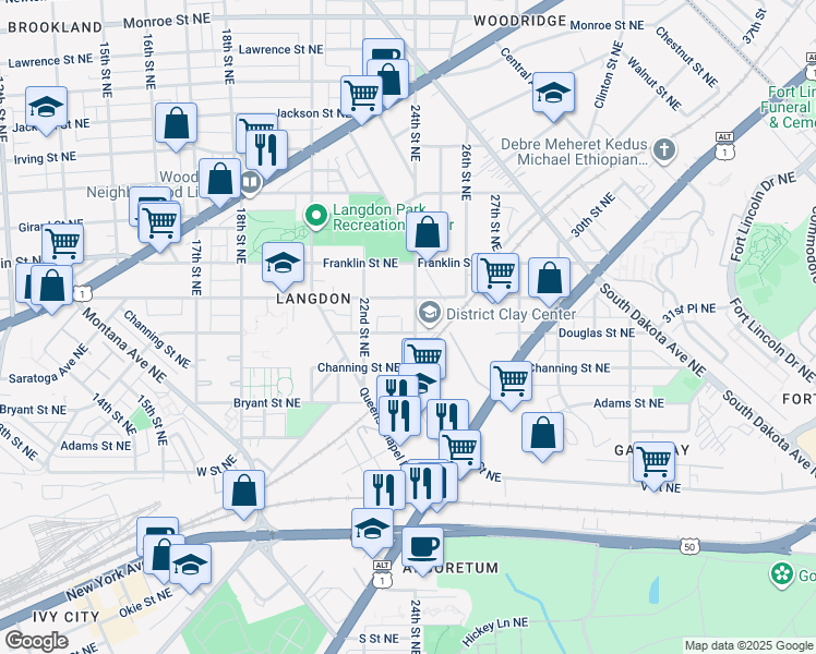 map of restaurants, bars, coffee shops, grocery stores, and more near 2600 24th Street Northeast in Washington