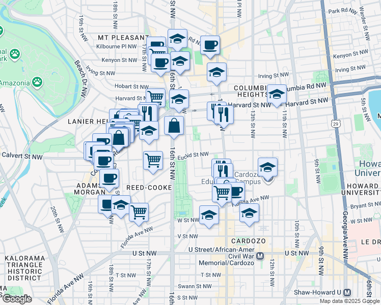 map of restaurants, bars, coffee shops, grocery stores, and more near 1475 Euclid Street Northwest in Washington