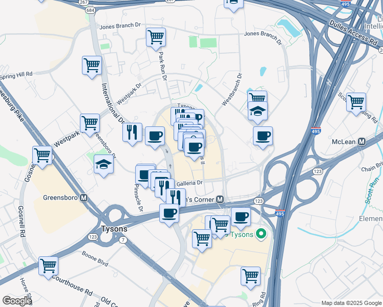 map of restaurants, bars, coffee shops, grocery stores, and more near 1796 International Drive in Tysons