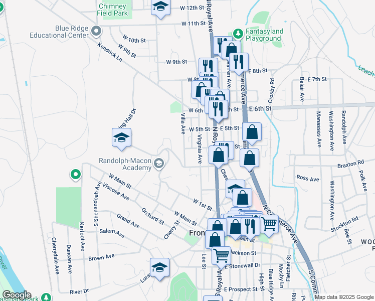 map of restaurants, bars, coffee shops, grocery stores, and more near 329 Villa Avenue in Front Royal