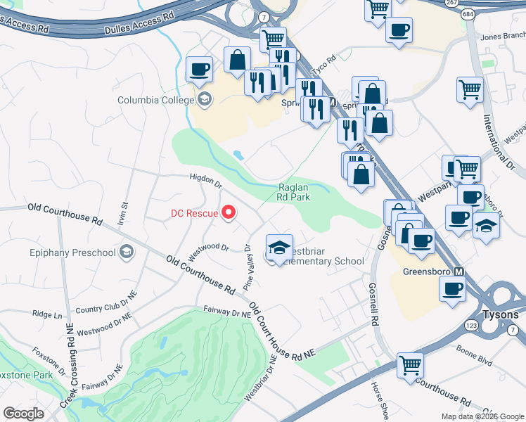 map of restaurants, bars, coffee shops, grocery stores, and more near 1721 Vesper Street in Vienna