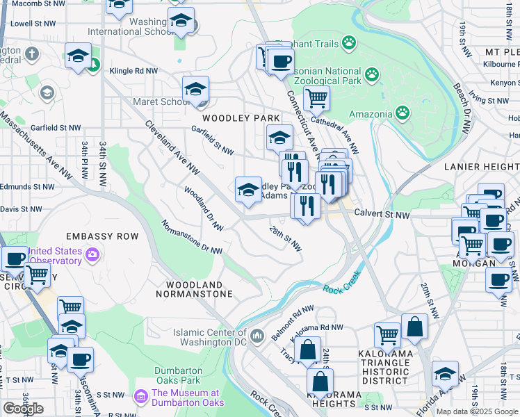 map of restaurants, bars, coffee shops, grocery stores, and more near 2701 Calvert Street Northwest in Washington