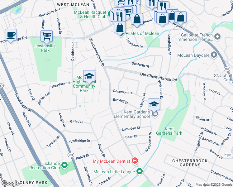 map of restaurants, bars, coffee shops, grocery stores, and more near 6825 Rosemont Drive in McLean