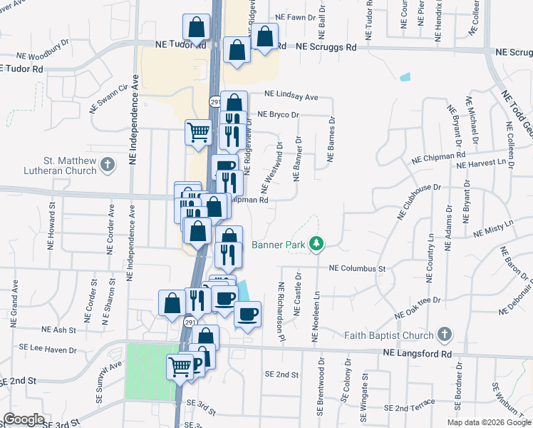 map of restaurants, bars, coffee shops, grocery stores, and more near 606 Northeast Park Circle in Lee's Summit