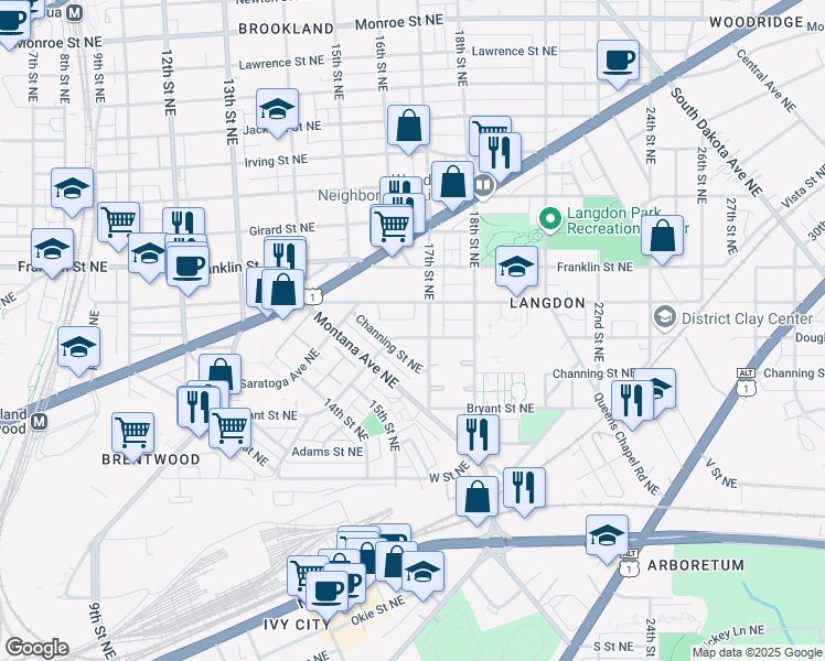 map of restaurants, bars, coffee shops, grocery stores, and more near 1560 Douglas Street Northeast in Washington