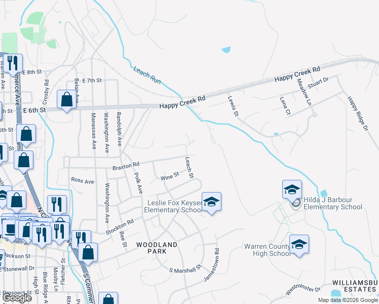 map of restaurants, bars, coffee shops, grocery stores, and more near 301 Leach Street in Front Royal