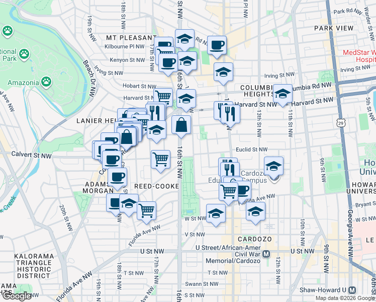 map of restaurants, bars, coffee shops, grocery stores, and more near 2601 16th Street Northwest in Washington