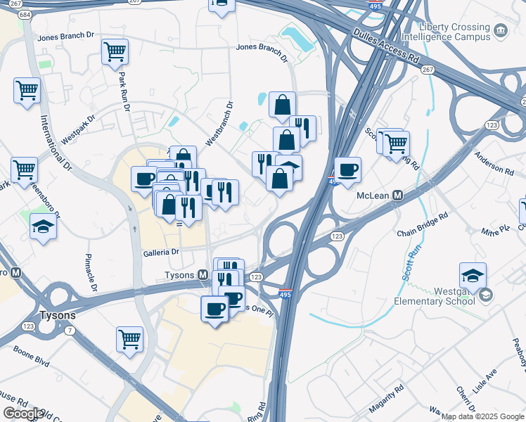 map of restaurants, bars, coffee shops, grocery stores, and more near 7901 Westpark Drive in McLean