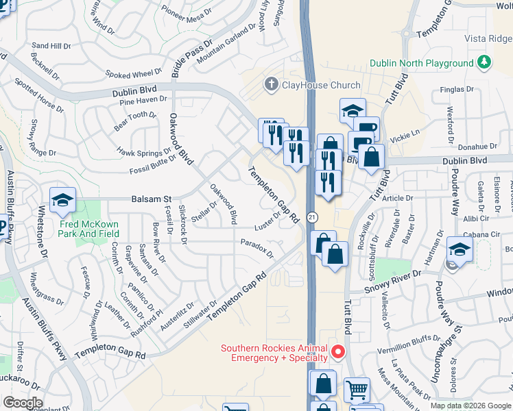 map of restaurants, bars, coffee shops, grocery stores, and more near 5376 Sunshade Point in Colorado Springs
