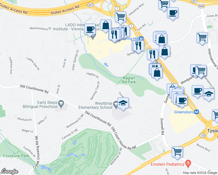 map of restaurants, bars, coffee shops, grocery stores, and more near 8707 Higdon Drive in Vienna
