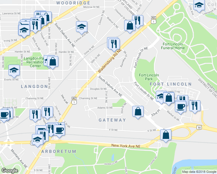 map of restaurants, bars, coffee shops, grocery stores, and more near 2430 South Dakota Avenue Northeast in Washington