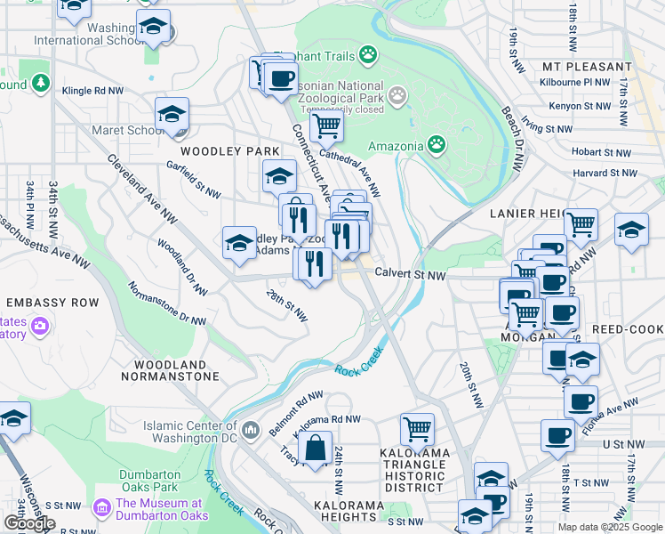 map of restaurants, bars, coffee shops, grocery stores, and more near 2401 Calvert Street Northwest in Washington