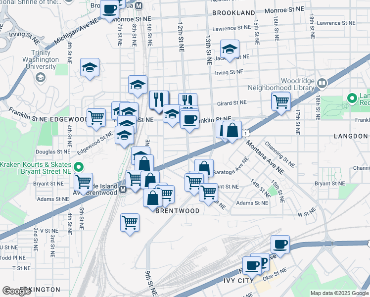 map of restaurants, bars, coffee shops, grocery stores, and more near 2600 12th Street Northeast in Washington