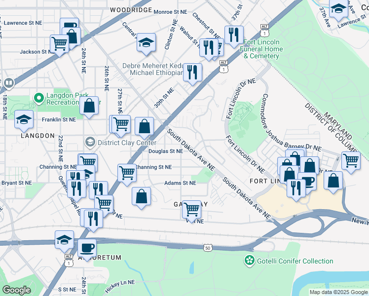 map of restaurants, bars, coffee shops, grocery stores, and more near 2430 South Dakota Avenue Northeast in Washington