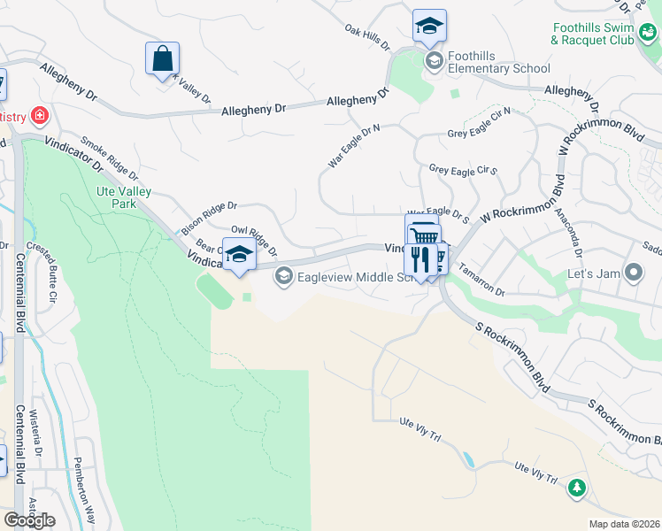 map of restaurants, bars, coffee shops, grocery stores, and more near 1132 Crown Haven Circle in Colorado Springs