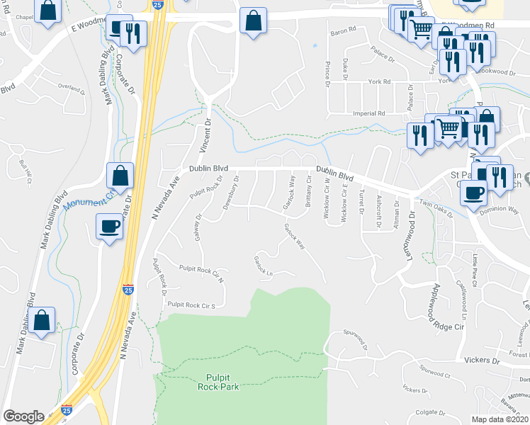 map of restaurants, bars, coffee shops, grocery stores, and more near 1155 Brittany Circle in Colorado Springs