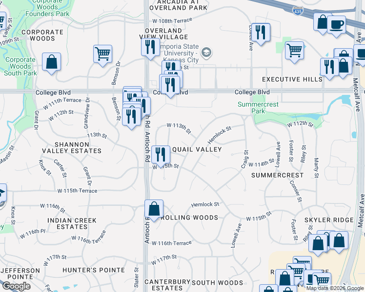 map of restaurants, bars, coffee shops, grocery stores, and more near 8409 West 113th Terrace in Overland Park