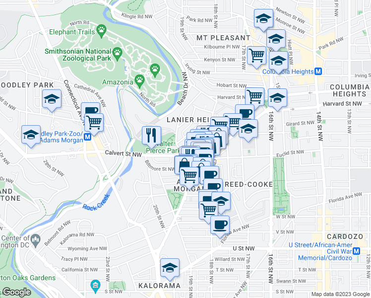 map of restaurants, bars, coffee shops, grocery stores, and more near 2627 Adams Mill Road Northwest in Washington