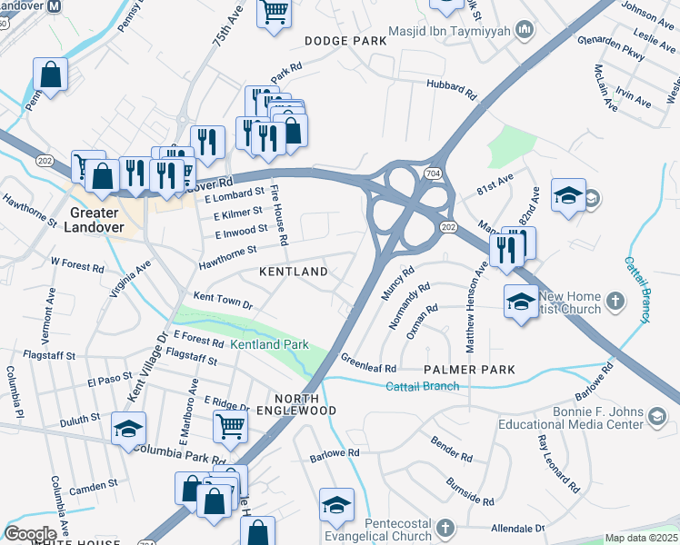 map of restaurants, bars, coffee shops, grocery stores, and more near 2500 Markham Lane in Hyattsville