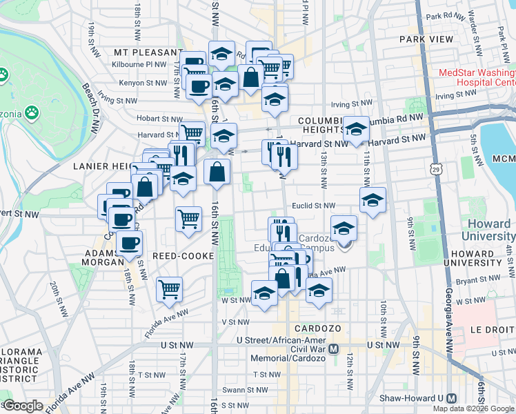 map of restaurants, bars, coffee shops, grocery stores, and more near 1443 Euclid Street Northwest in Washington