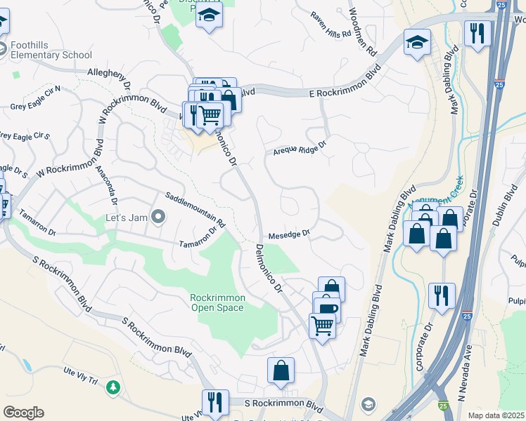map of restaurants, bars, coffee shops, grocery stores, and more near 6365 Delmonico Drive in Colorado Springs