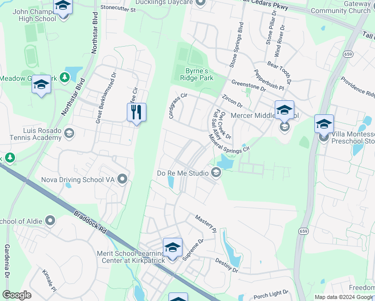 map of restaurants, bars, coffee shops, grocery stores, and more near 25086 Cypress Mill Terrace in Aldie