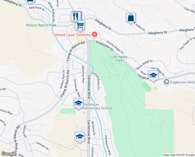 map of restaurants, bars, coffee shops, grocery stores, and more near 6350 Crested Butte Circle in Colorado Springs