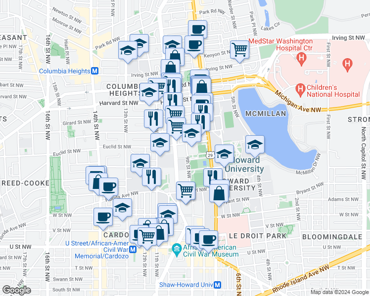 map of restaurants, bars, coffee shops, grocery stores, and more near 101 Independence Avenue Southeast in Washington
