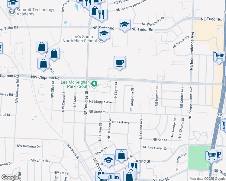 map of restaurants, bars, coffee shops, grocery stores, and more near 611 Northeast Lynn Street in Lee's Summit