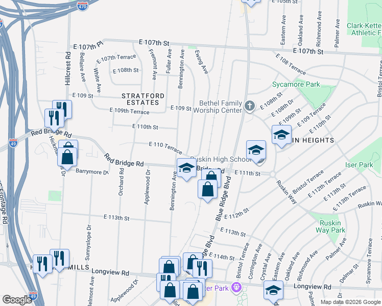map of restaurants, bars, coffee shops, grocery stores, and more near 11011 Ewing Avenue in Kansas City