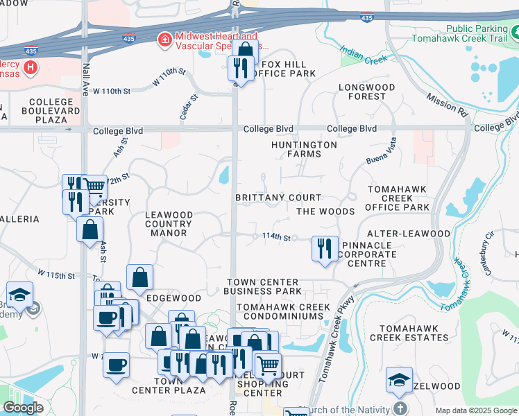 map of restaurants, bars, coffee shops, grocery stores, and more near 4601 West 113th Terrace in Leawood