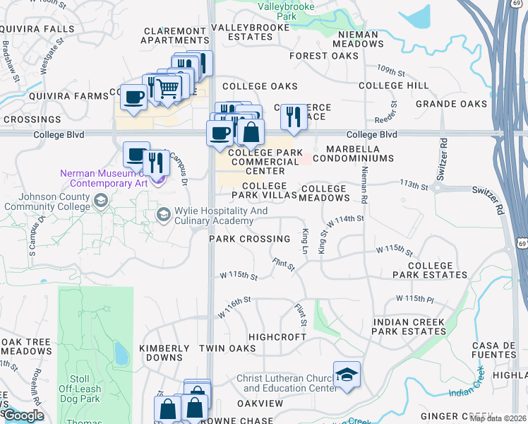 map of restaurants, bars, coffee shops, grocery stores, and more near 11420 West 114th Street in Overland Park