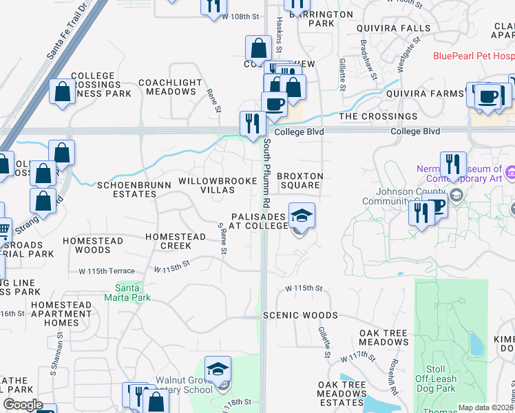 map of restaurants, bars, coffee shops, grocery stores, and more near 11272 Pflumm Road in Lenexa
