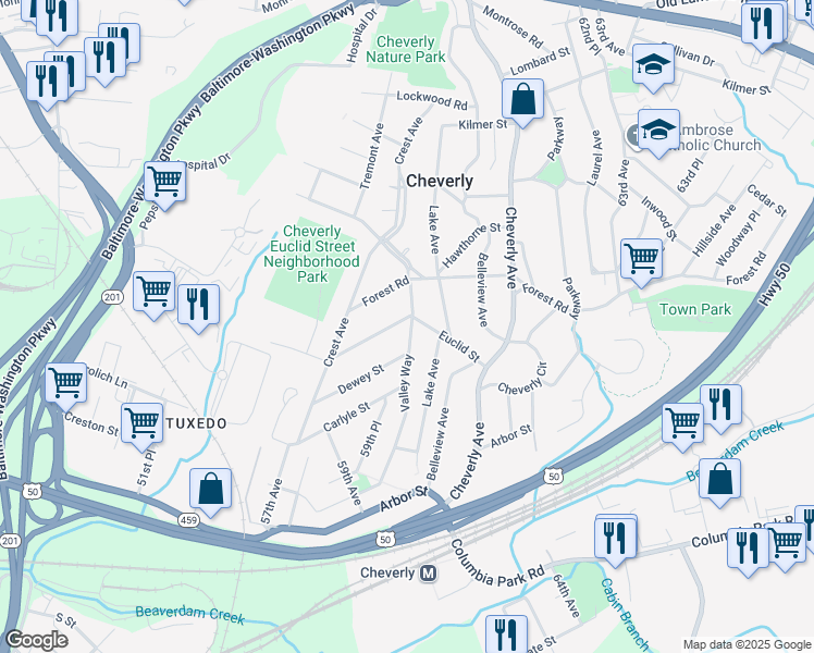 map of restaurants, bars, coffee shops, grocery stores, and more near 5735 Euclid Street in Cheverly