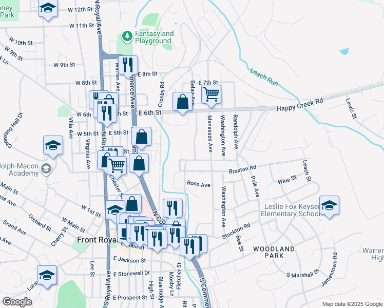 map of restaurants, bars, coffee shops, grocery stores, and more near 408 Belair Avenue in Front Royal