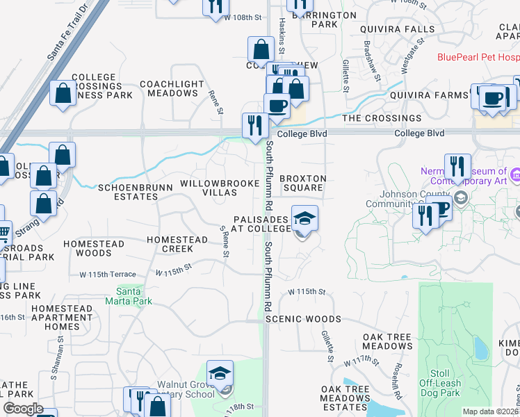 map of restaurants, bars, coffee shops, grocery stores, and more near 11272 Pflumm Road in Lenexa