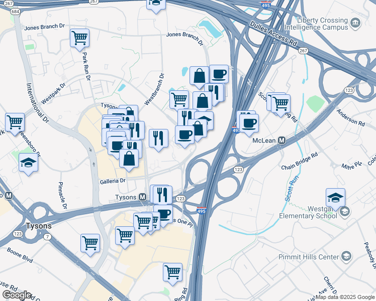 map of restaurants, bars, coffee shops, grocery stores, and more near 7901 Westpark Drive in McLean
