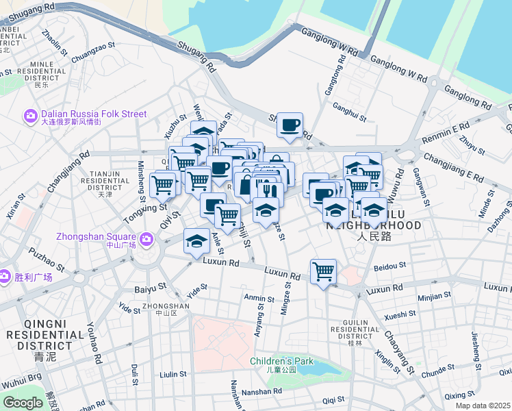 map of restaurants, bars, coffee shops, grocery stores, and more near Ren Min Lu in Da Lian Shi