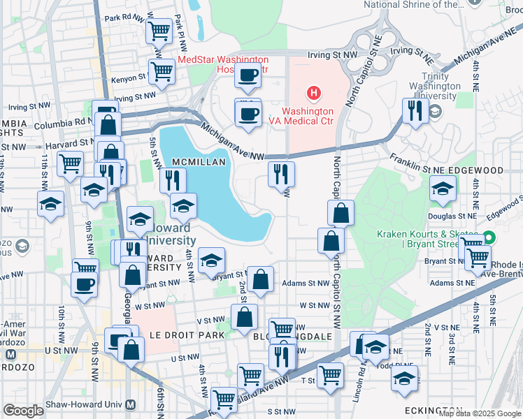 map of restaurants, bars, coffee shops, grocery stores, and more near 320 McMillan Drive Northwest in Washington