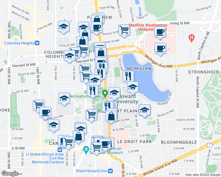 map of restaurants, bars, coffee shops, grocery stores, and more near 2565 Georgia Avenue Northwest in Washington