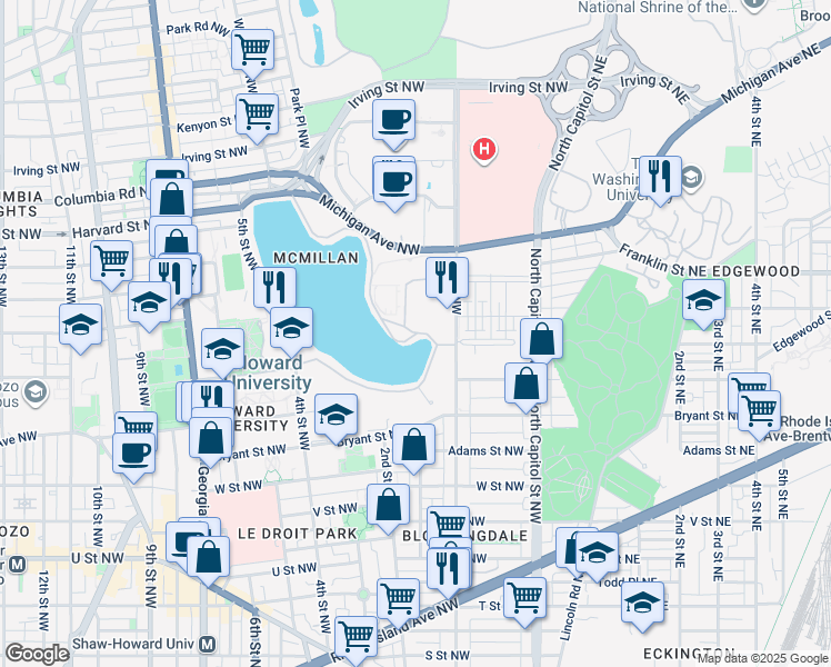 map of restaurants, bars, coffee shops, grocery stores, and more near 320 McMillan Drive Northwest in Washington