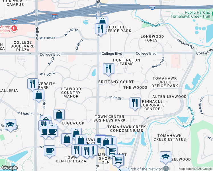 map of restaurants, bars, coffee shops, grocery stores, and more near 4609 West 113th Terrace in Leawood