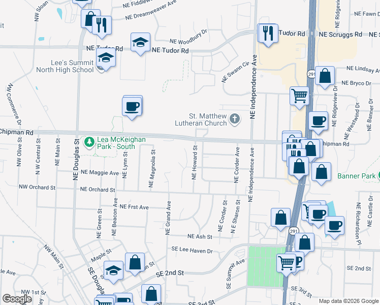 map of restaurants, bars, coffee shops, grocery stores, and more near 612 Northeast Howard Street in Lee's Summit