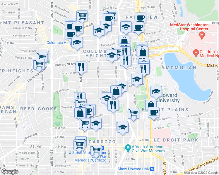 map of restaurants, bars, coffee shops, grocery stores, and more near 12th St NW & Euclid St NW in Washington